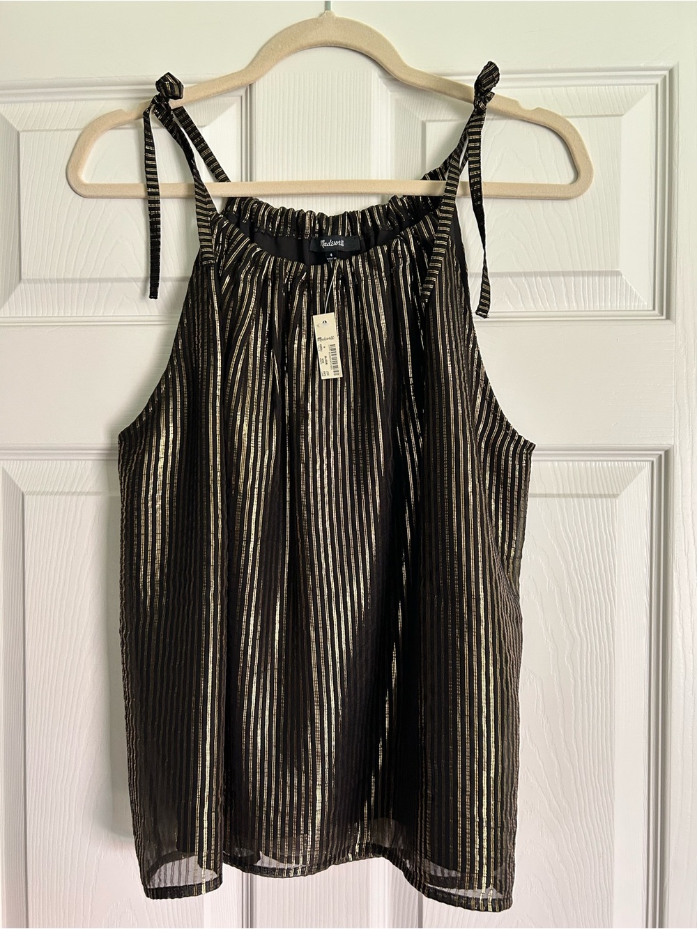 Madewell Black & Gold Metallic Stripe Tie-Shoulder Camisole NWT